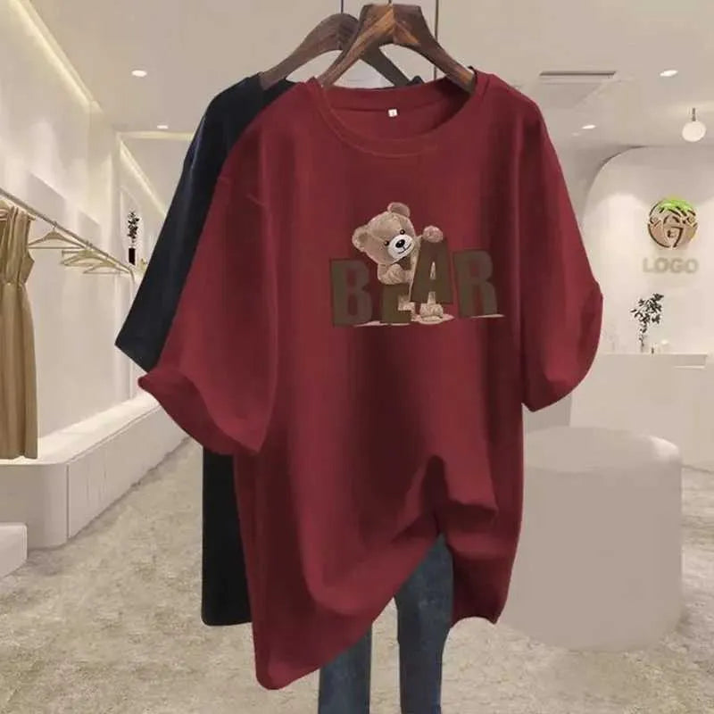 Leopard Print T Shirt Women's O-Neck Cotton Tee with Bear Graphic, Oversized Loose Fit Pullover Top, Letter Print Hoodie, Ideal for Casual Summer Wear