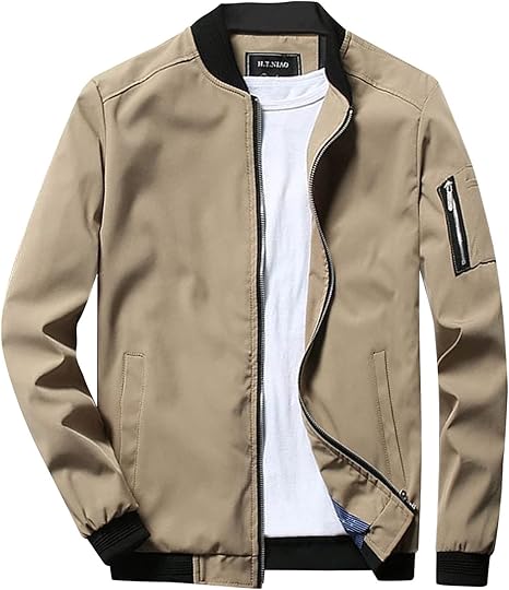 Men's Fashion Bomber Jacket Casual Full Zip Up Spring Fall Windbreaker Outdoor Stand Collar Golf Windproof Coat