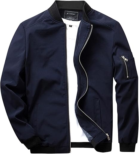 Men's Fashion Bomber Jacket Casual Full Zip Up Spring Fall Windbreaker Outdoor Stand Collar Golf Windproof Coat