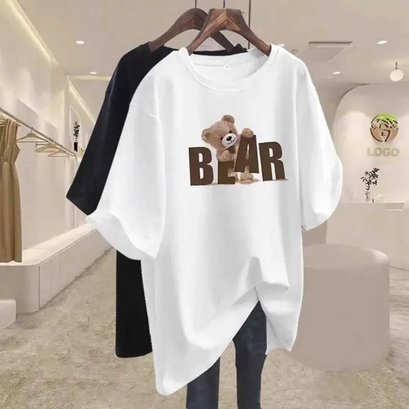 Leopard Print T Shirt Women's O-Neck Cotton Tee with Bear Graphic, Oversized Loose Fit Pullover Top, Letter Print Hoodie, Ideal for Casual Summer Wear