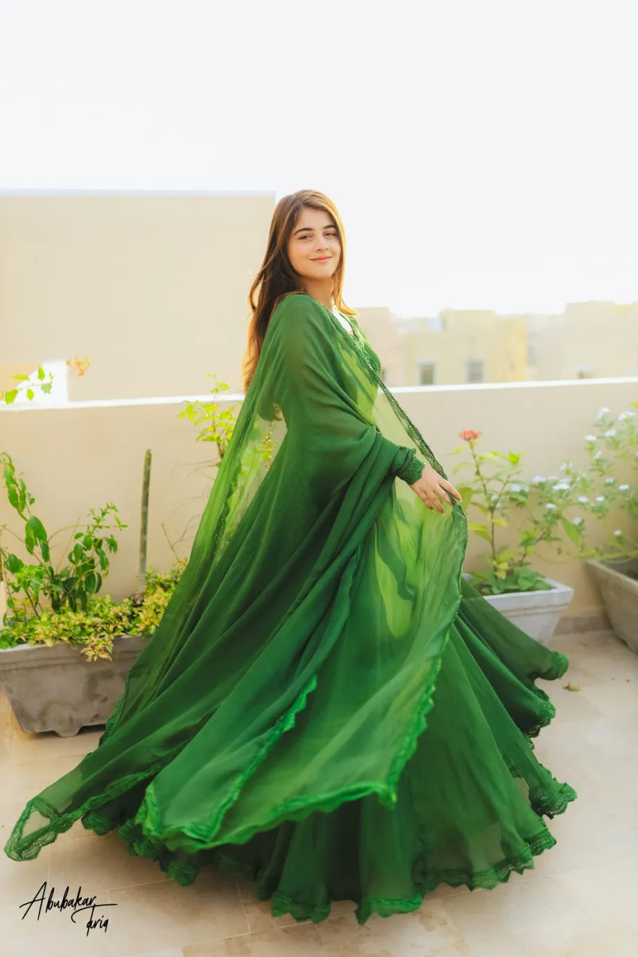 SOLID GREEN LONG FLAIR ANARKALI WITH DUPATTA
