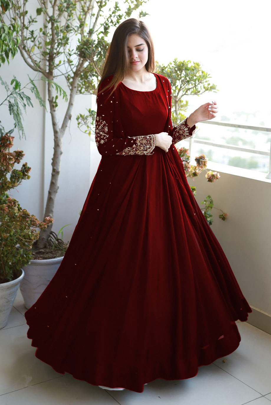 Heavy Embroidered With Front And Back Pearls Attached Gown With Long Maxi Trouser 3Piece