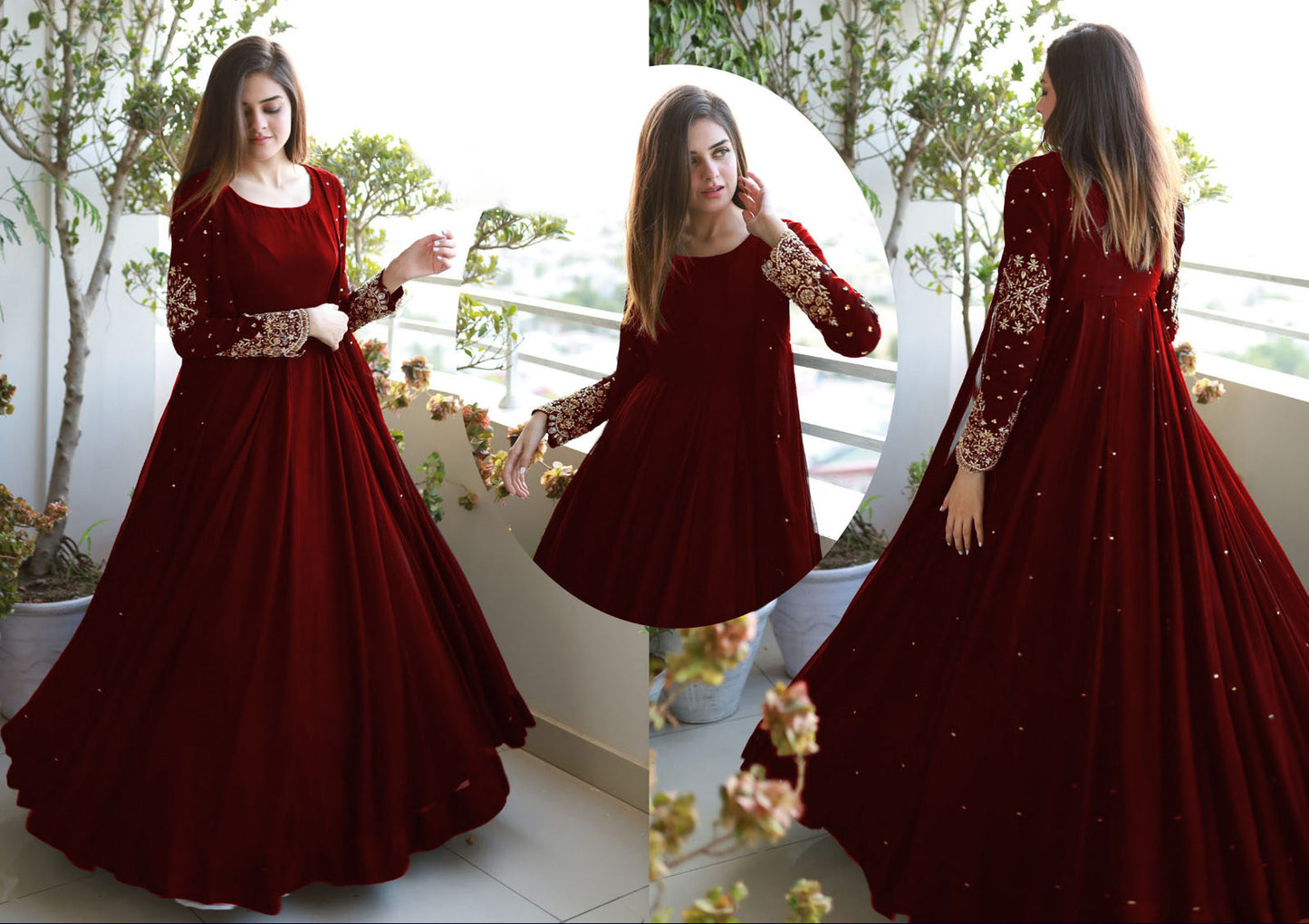 Heavy Embroidered With Front And Back Pearls Attached Gown With Long Maxi Trouser 3Piece