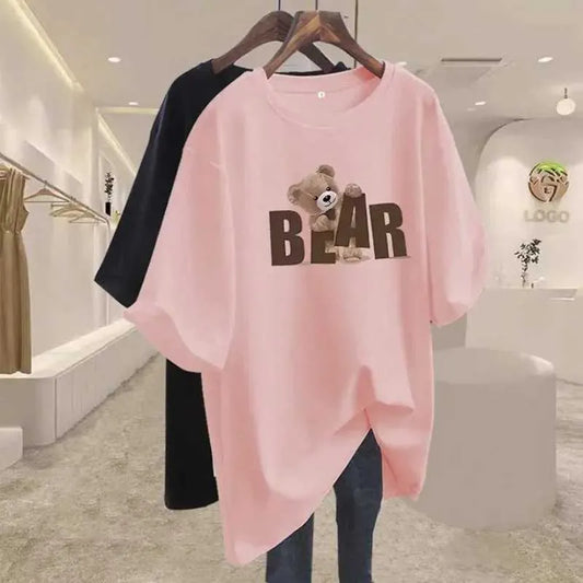 Leopard Print T Shirt Women's O-Neck Cotton Tee with Bear Graphic, Oversized Loose Fit Pullover Top, Letter Print Hoodie, Ideal for Casual Summer Wear