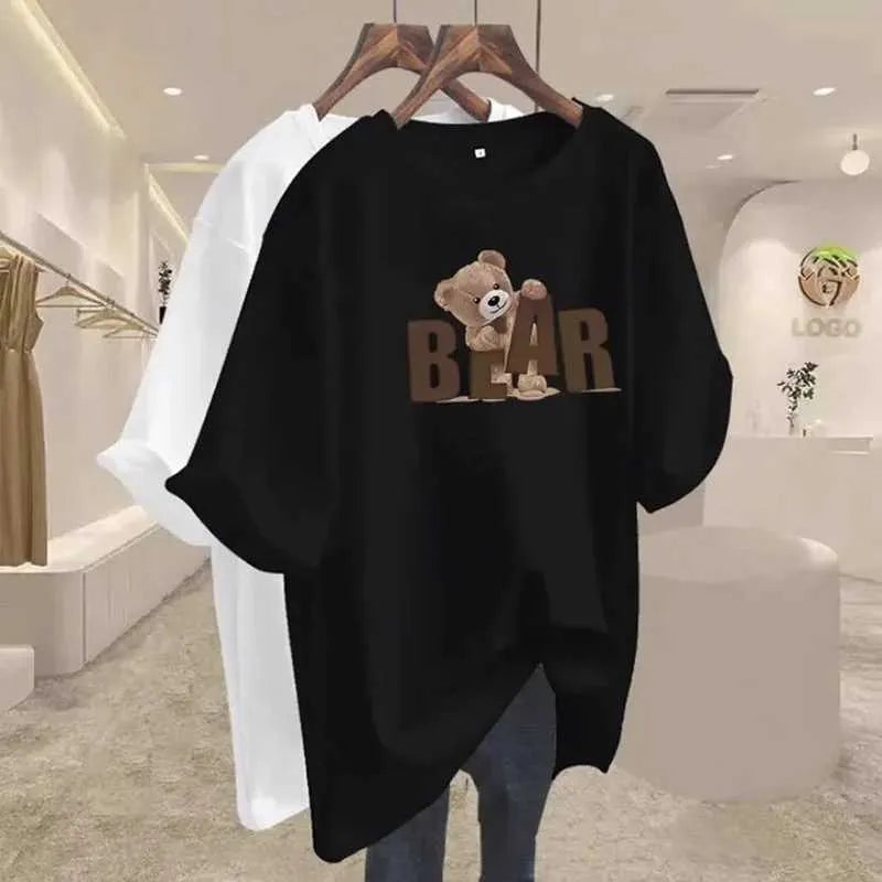 Leopard Print T Shirt Women's O-Neck Cotton Tee with Bear Graphic, Oversized Loose Fit Pullover Top, Letter Print Hoodie, Ideal for Casual Summer Wear
