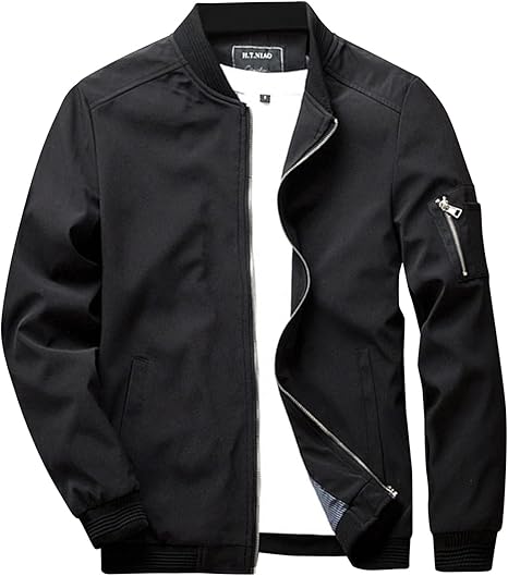 Men's Fashion Bomber Jacket Casual Full Zip Up Spring Fall Windbreaker Outdoor Stand Collar Golf Windproof Coat