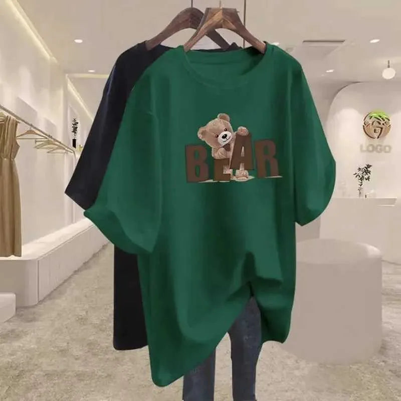 Leopard Print T Shirt Women's O-Neck Cotton Tee with Bear Graphic, Oversized Loose Fit Pullover Top, Letter Print Hoodie, Ideal for Casual Summer Wear