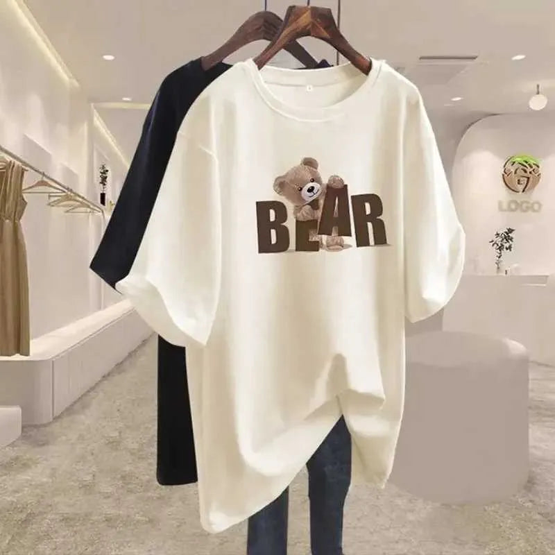 Leopard Print T Shirt Women's O-Neck Cotton Tee with Bear Graphic, Oversized Loose Fit Pullover Top, Letter Print Hoodie, Ideal for Casual Summer Wear