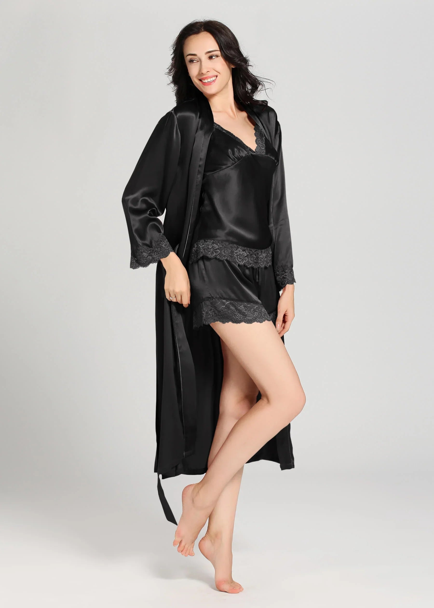 Black Silk Camisole & Gown Set - Dhaagey 