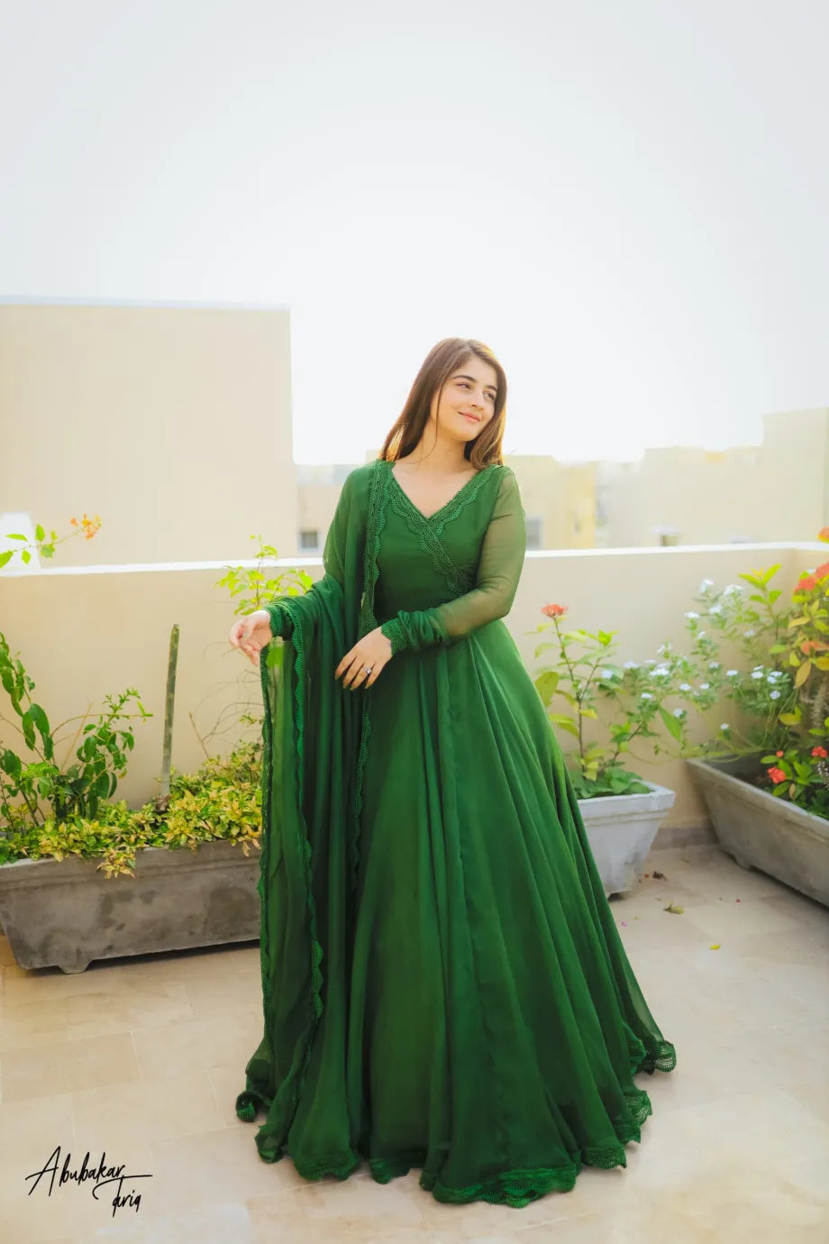 SOLID GREEN LONG FLAIR ANARKALI WITH DUPATTA