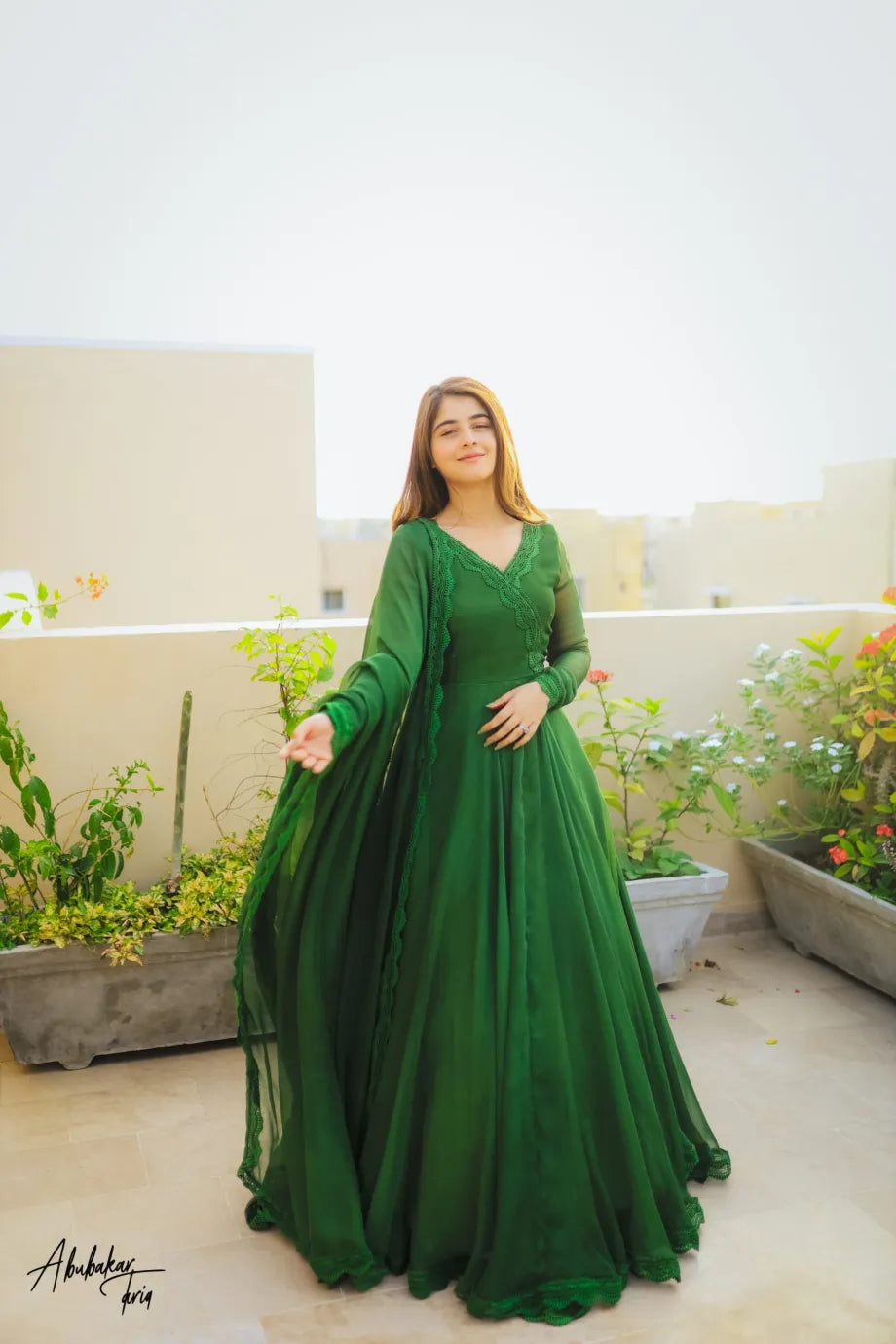 SOLID GREEN LONG FLAIR ANARKALI WITH DUPATTA