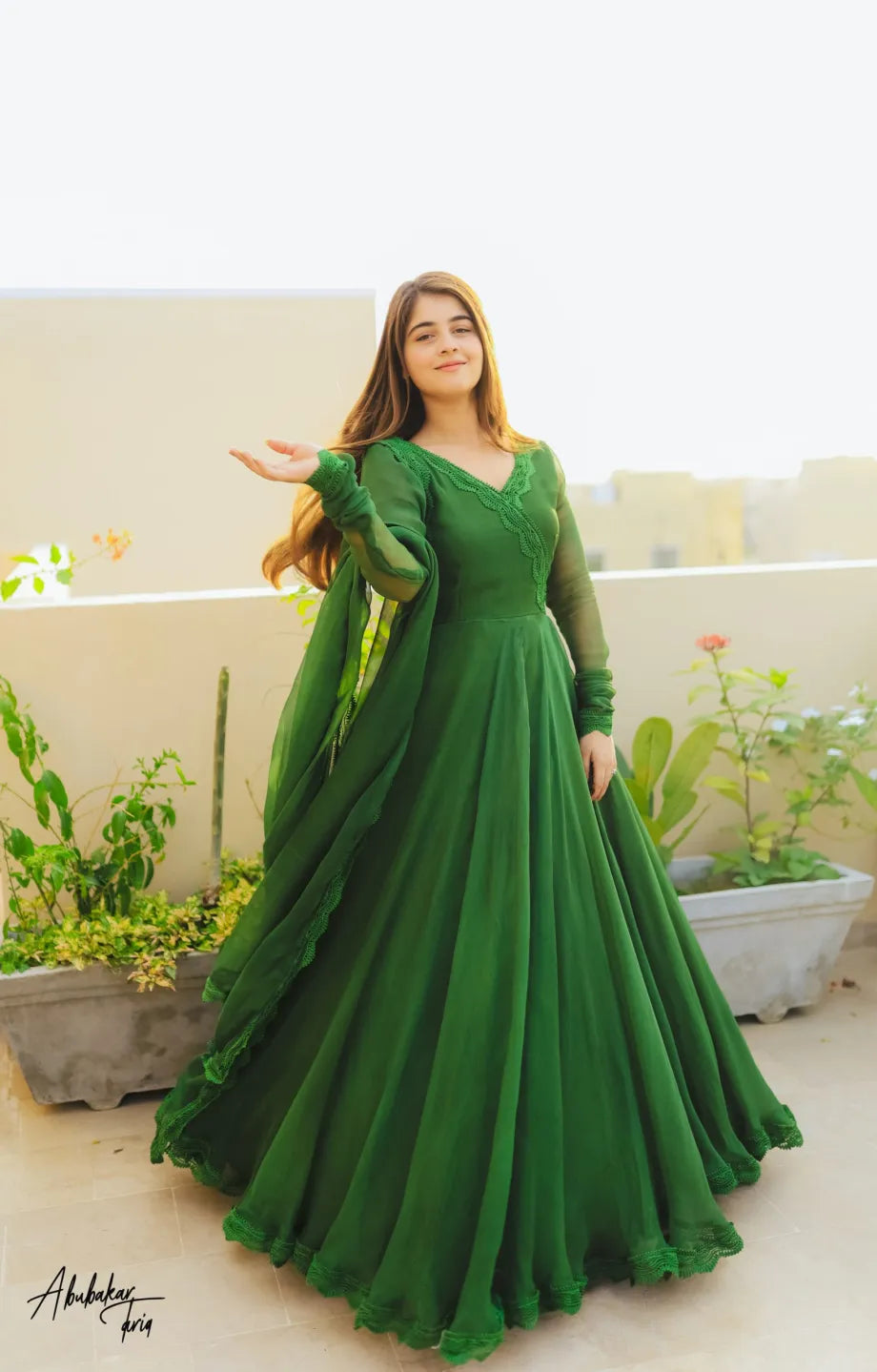 SOLID GREEN LONG FLAIR ANARKALI WITH DUPATTA