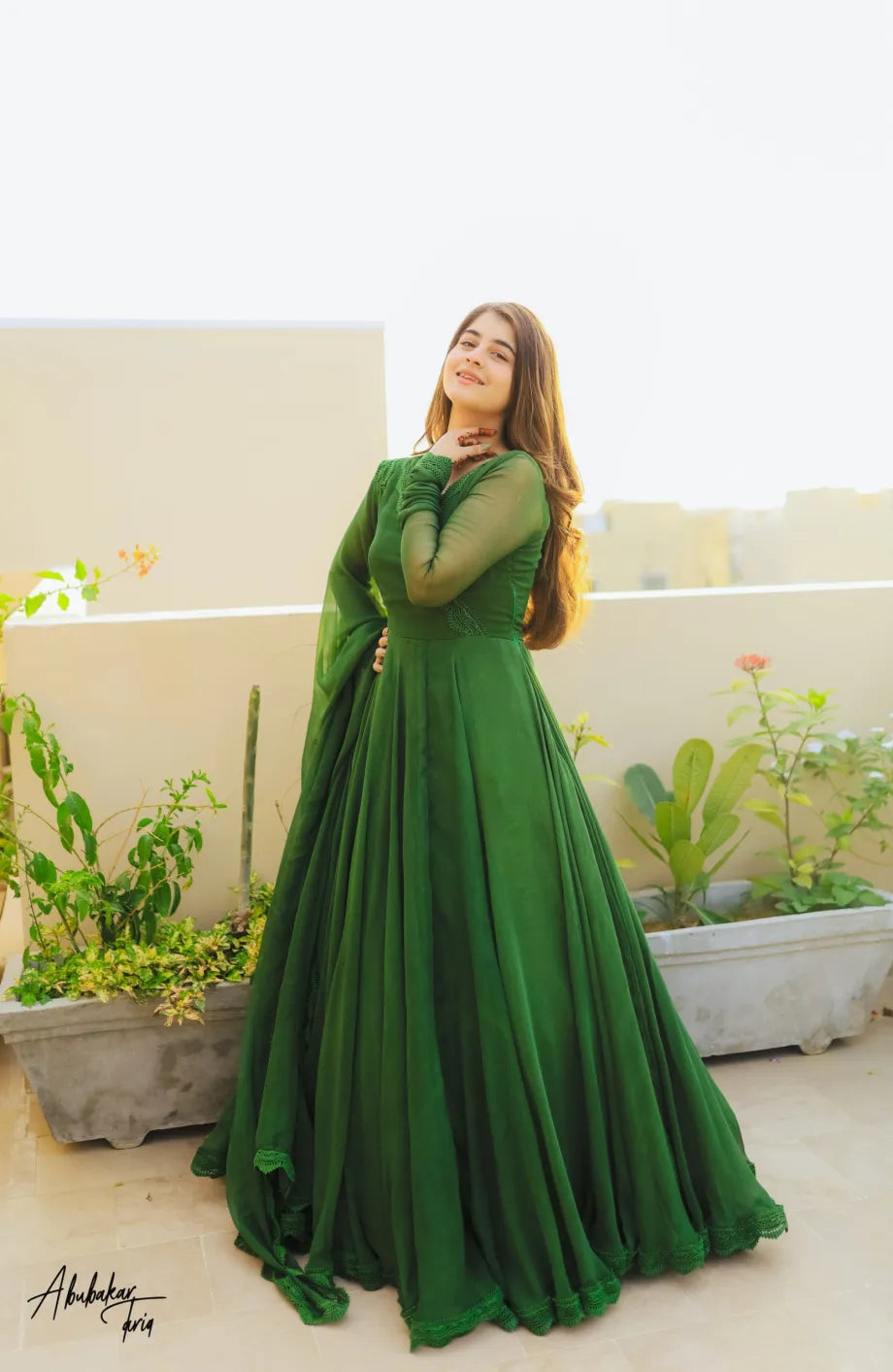 SOLID GREEN LONG FLAIR ANARKALI WITH DUPATTA