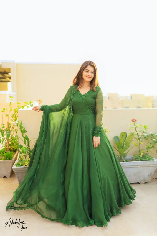 Beautiful two layers dress Two Layers Border Flare Maxi With dupatta 3pcs