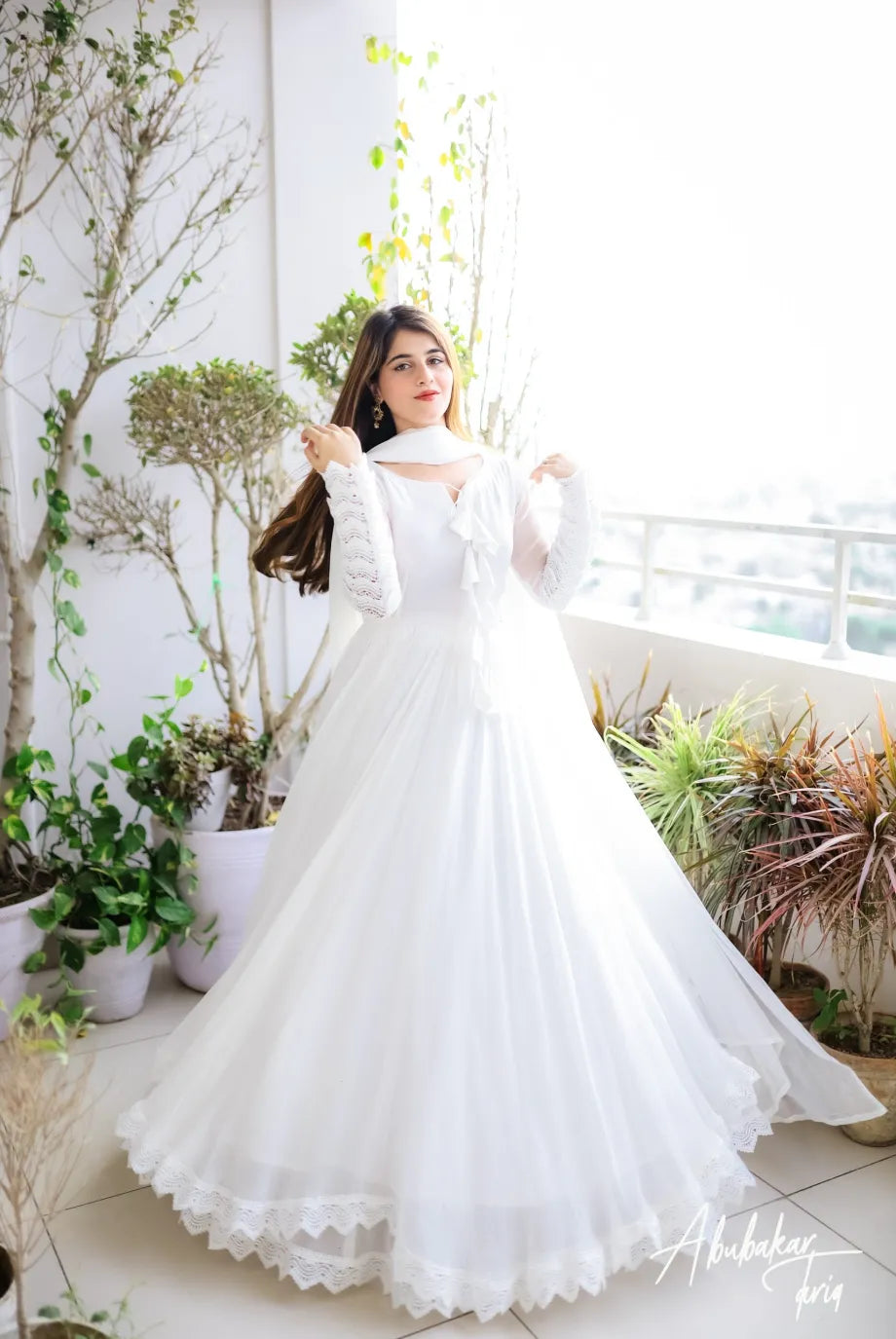 SOLID WHITE LONG FLAIR ANARKALI WITH DUPATTA
