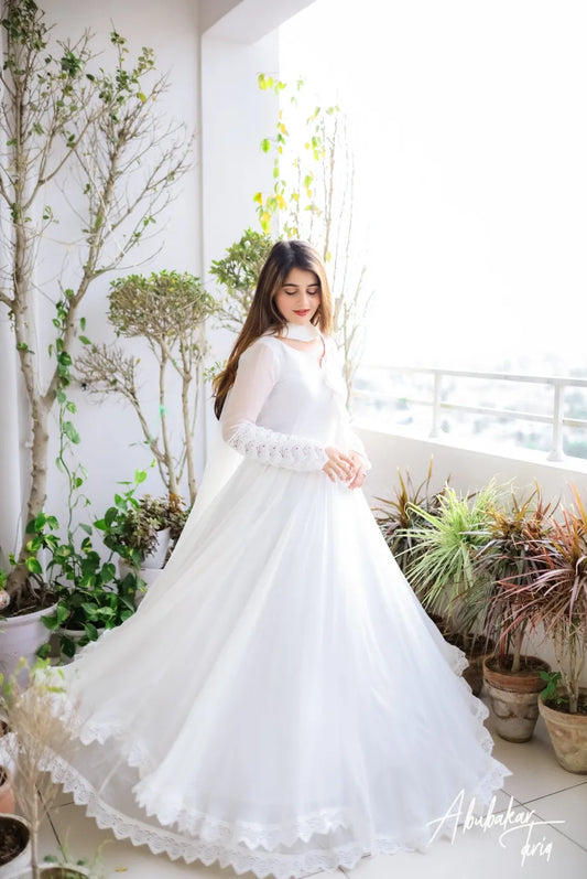 SOLID WHITE LONG FLAIR ANARKALI WITH DUPATTA