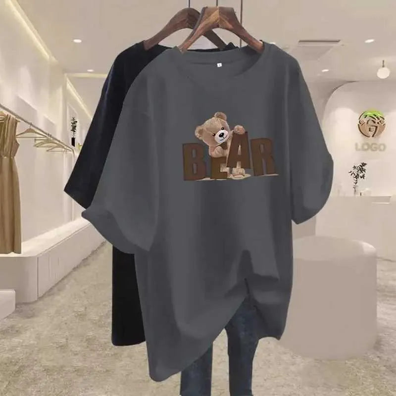 Leopard Print T Shirt Women's O-Neck Cotton Tee with Bear Graphic, Oversized Loose Fit Pullover Top, Letter Print Hoodie, Ideal for Casual Summer Wear